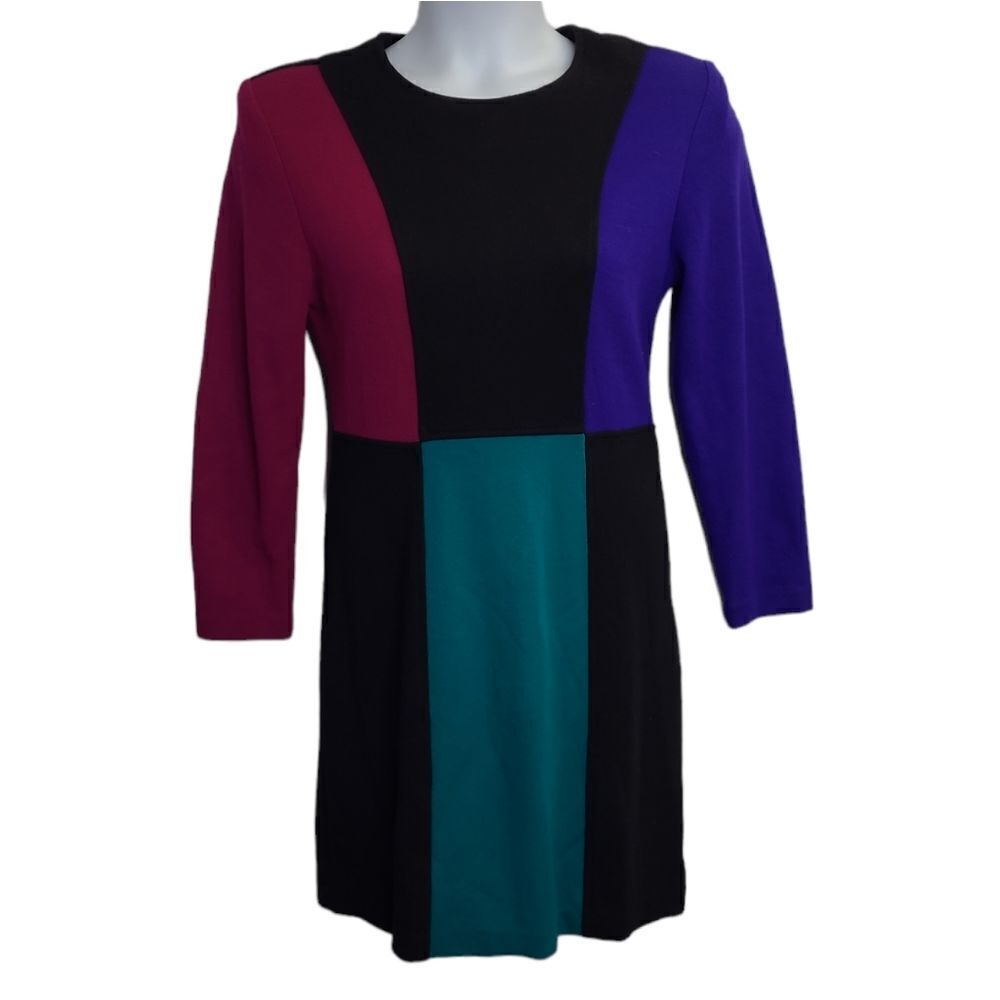 VINTAGE 80s color block long‎ sleeve fitted mod dress S